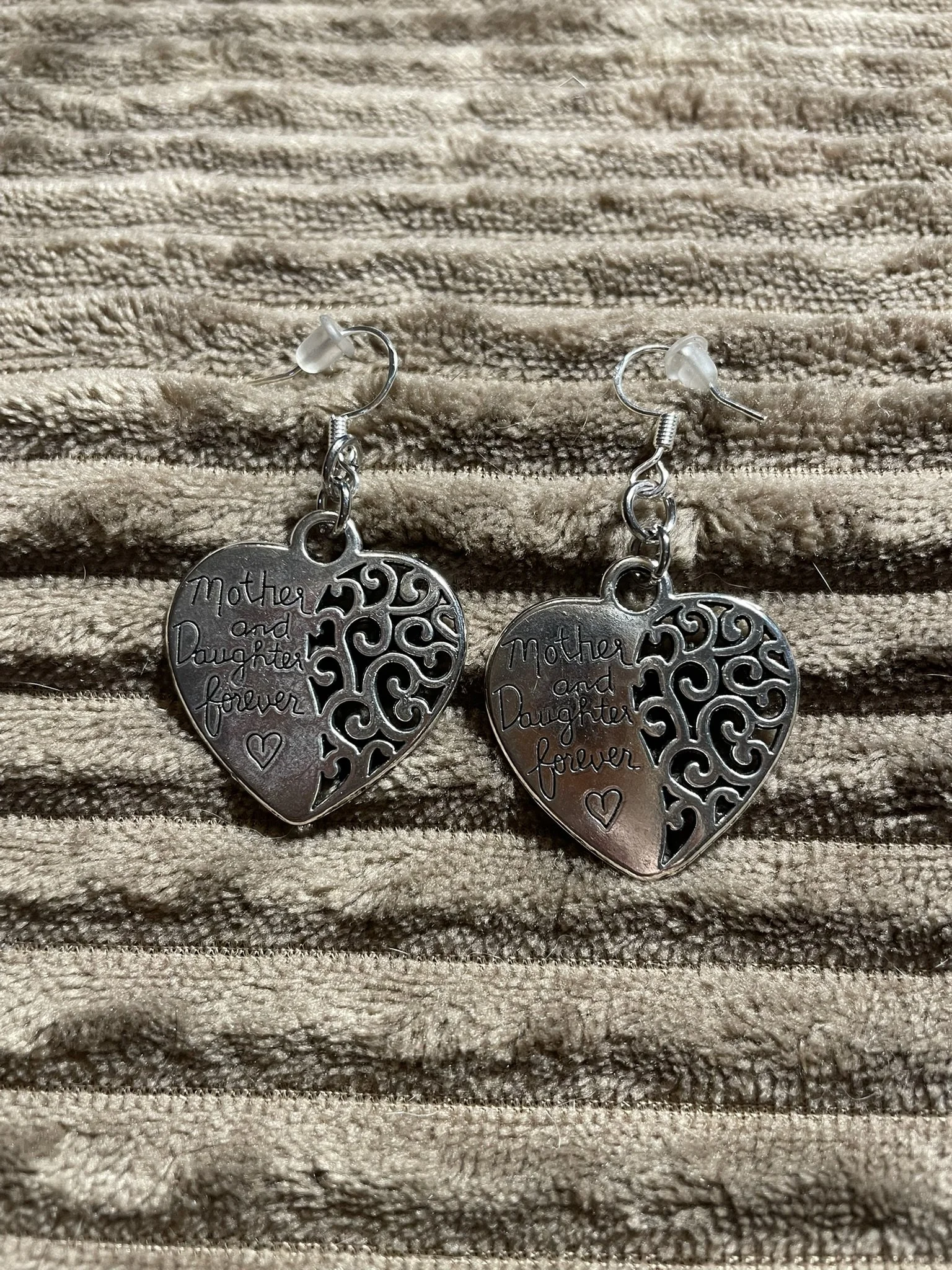 Earrings, Silver-toned Metal Hearts, say "Mother and Daughter forever"