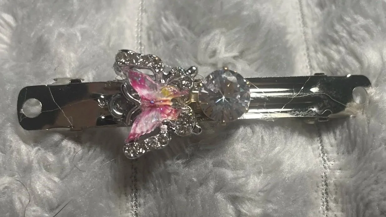 Hair Barrette, Pink Butterfly Charm w/Rhinestones & Large Sparkly Charm