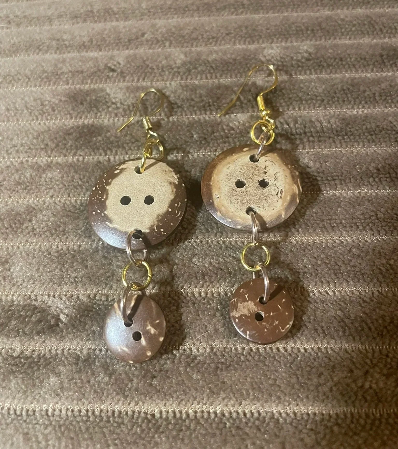 Earrings, 2-Tier Coconut Shell & Button w/Bronze Hardware