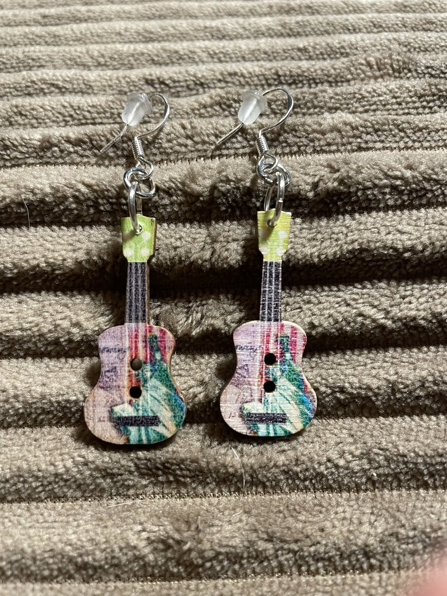 Earrings, Wooden Button Guitar