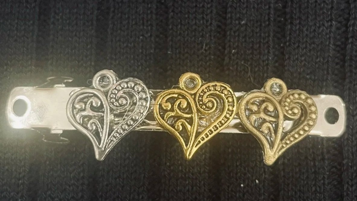 Hair Barrette, 3 Hearts-Bronze, Gold & Silver Colors