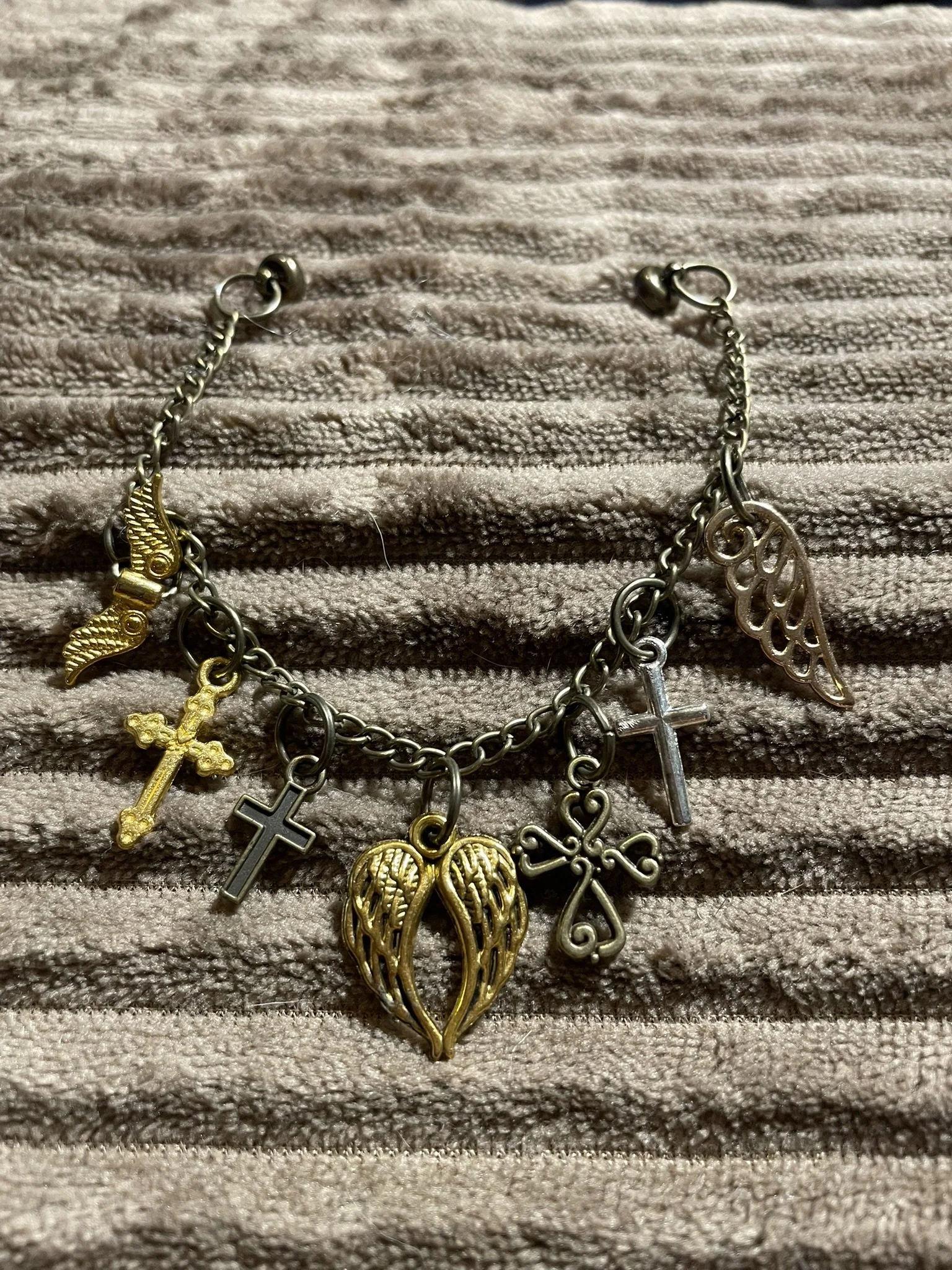 Charm Bracelet, Brass, Golden & Silvery Crosses and Angel Wing Charms, 7" Long