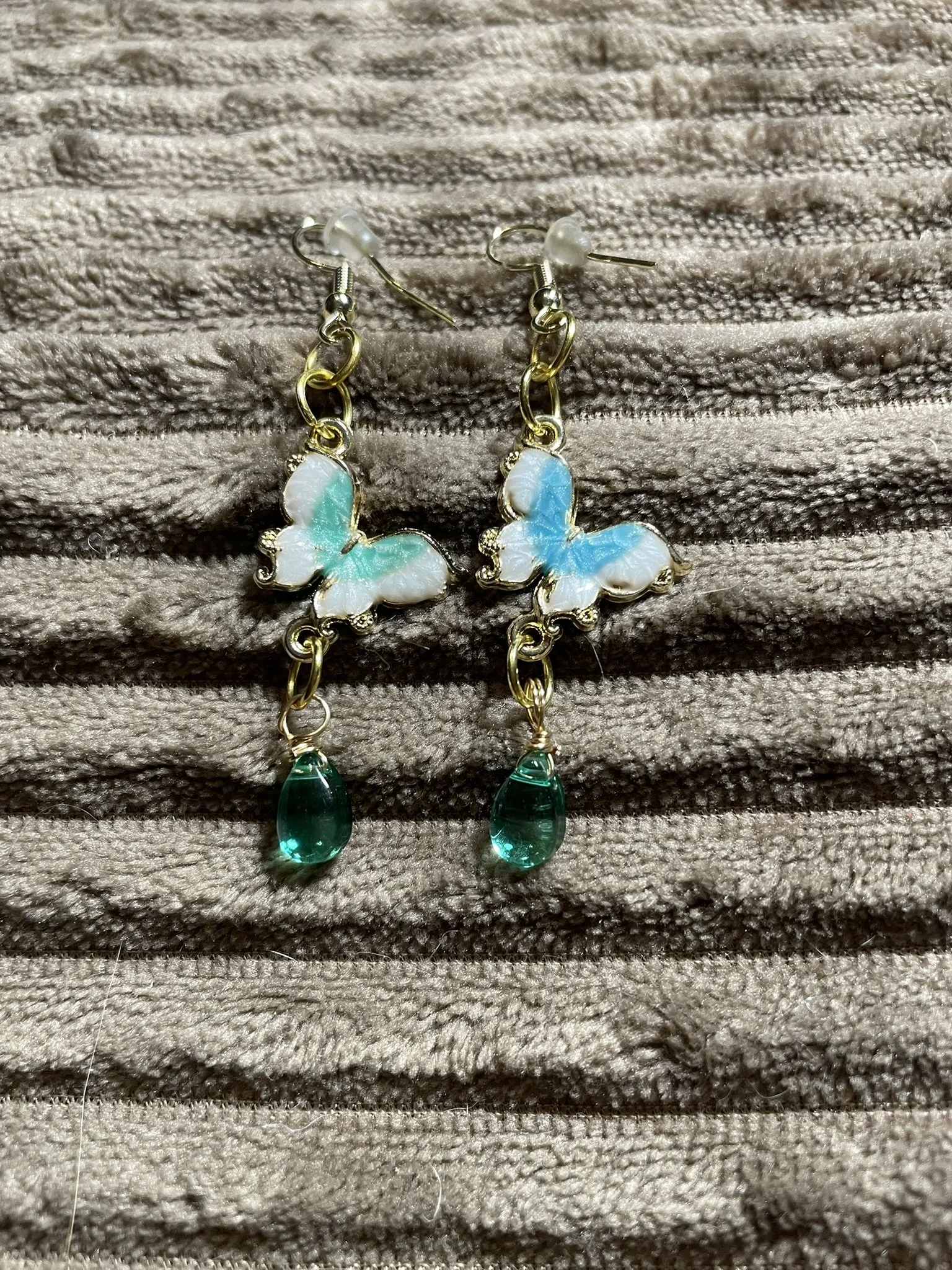 Earrings, White/Teal/Blue Butterflies w/Teal Charms