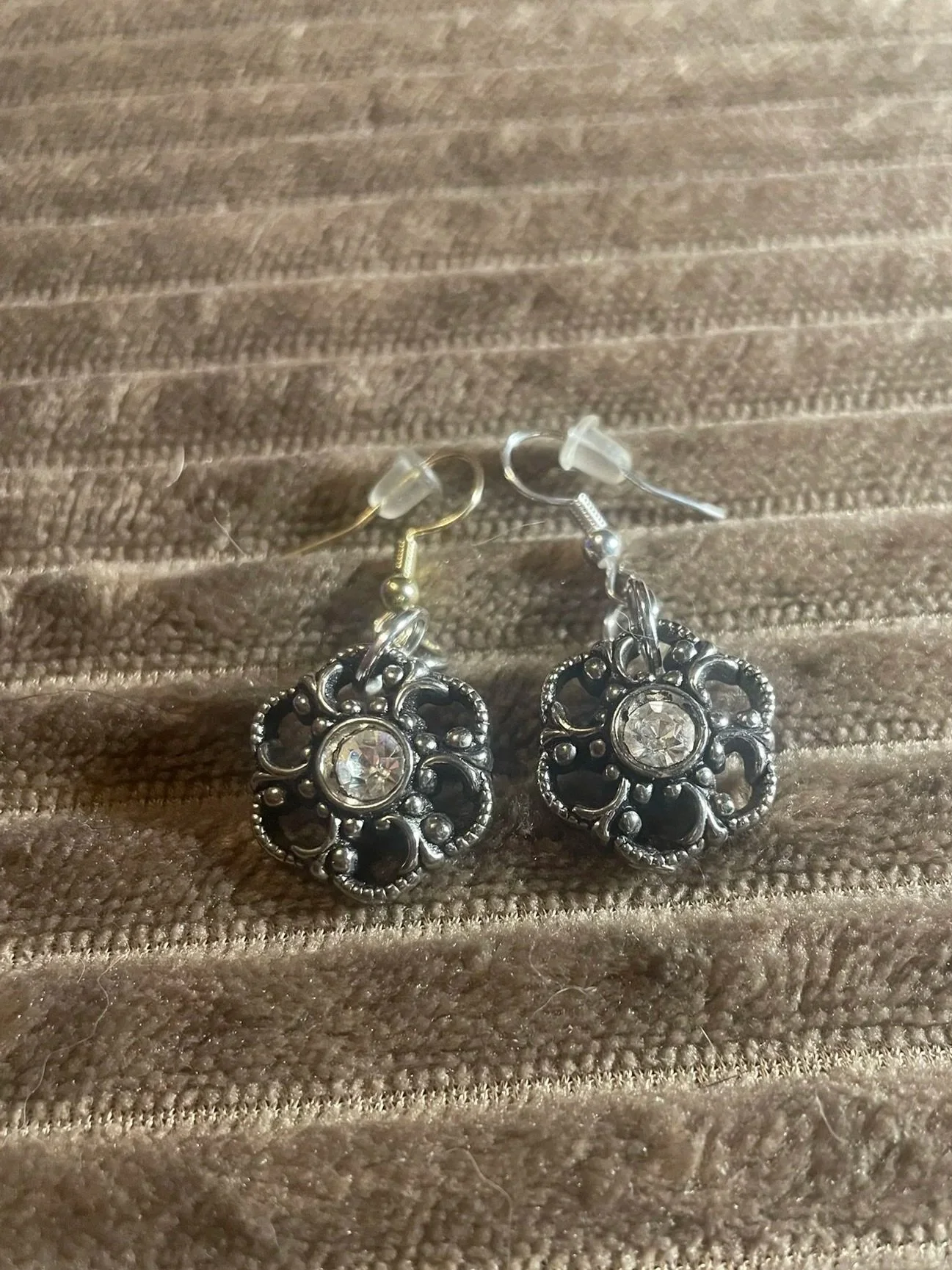 Earrings, Vintage Buttons w/Decorative Metal & Rhinestones