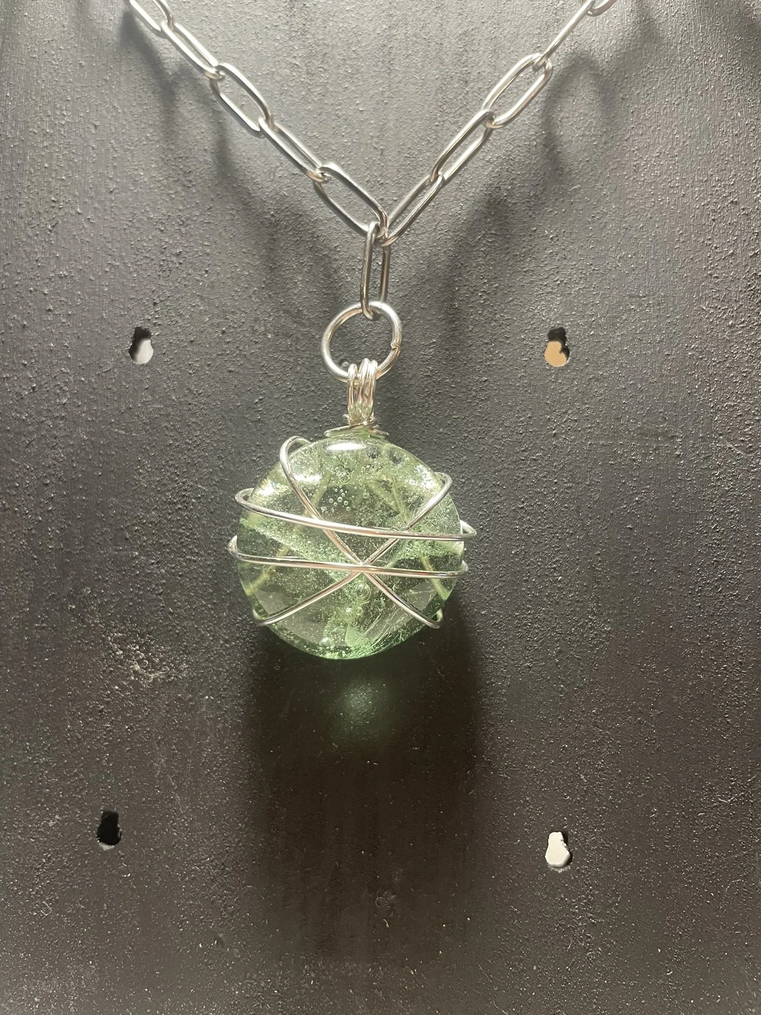 Necklace, Handcrafted, Blue Glass Wire-Wrapped Pendant