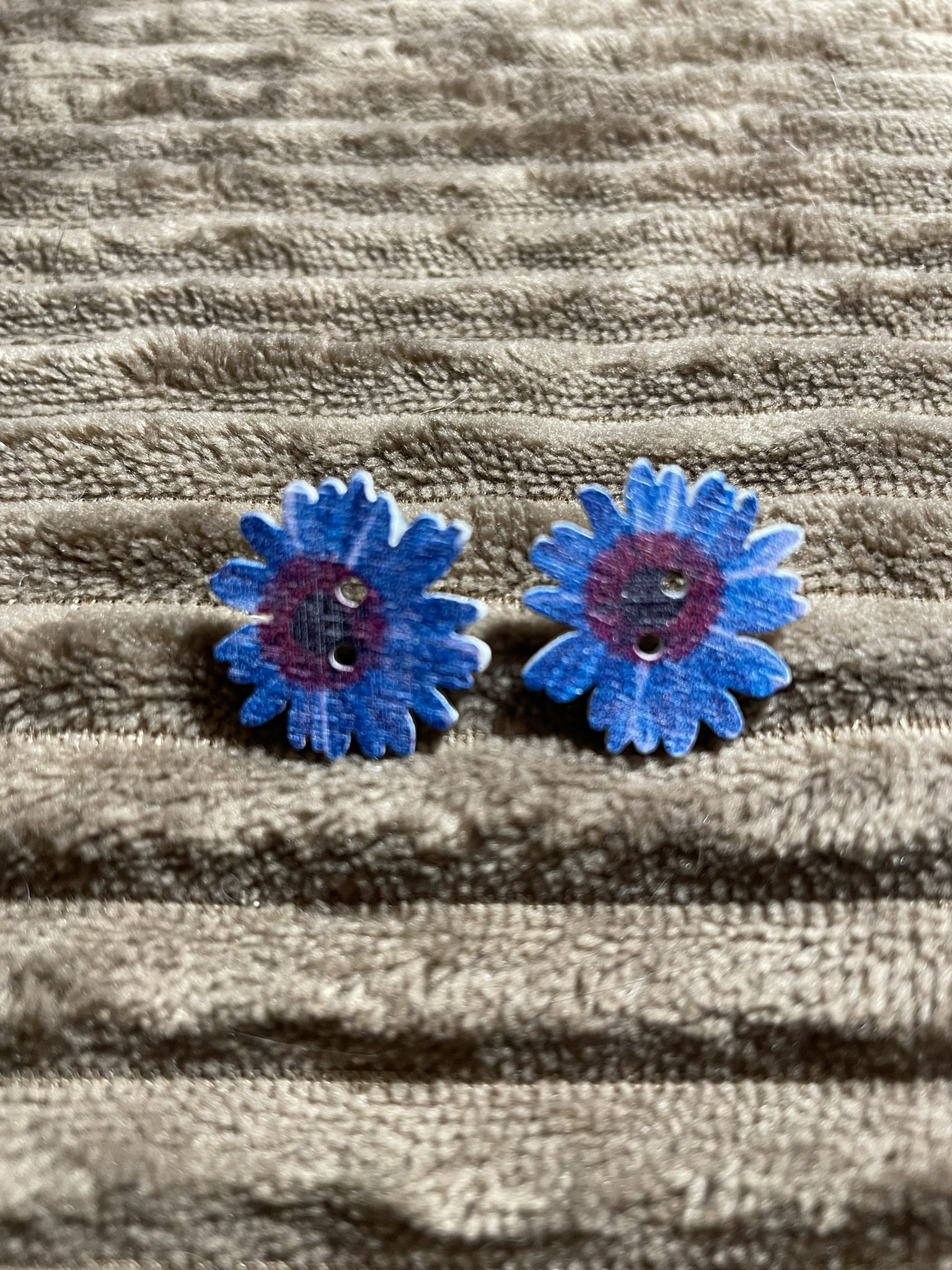 Earrings, Blue Flowery Wooden Button Posts