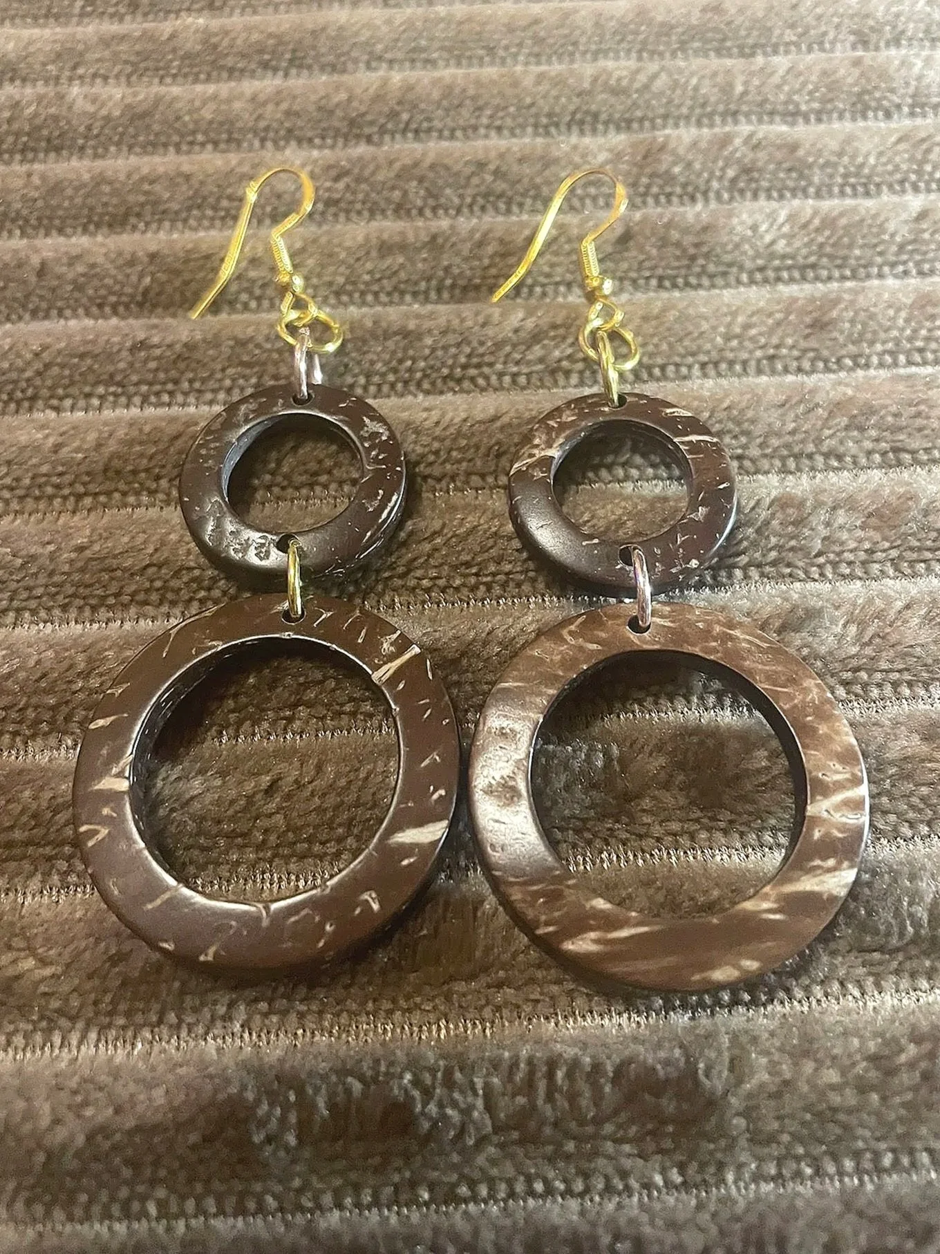 Earrings, Coconut Shell, 2-Tier, Gold Color Hardware