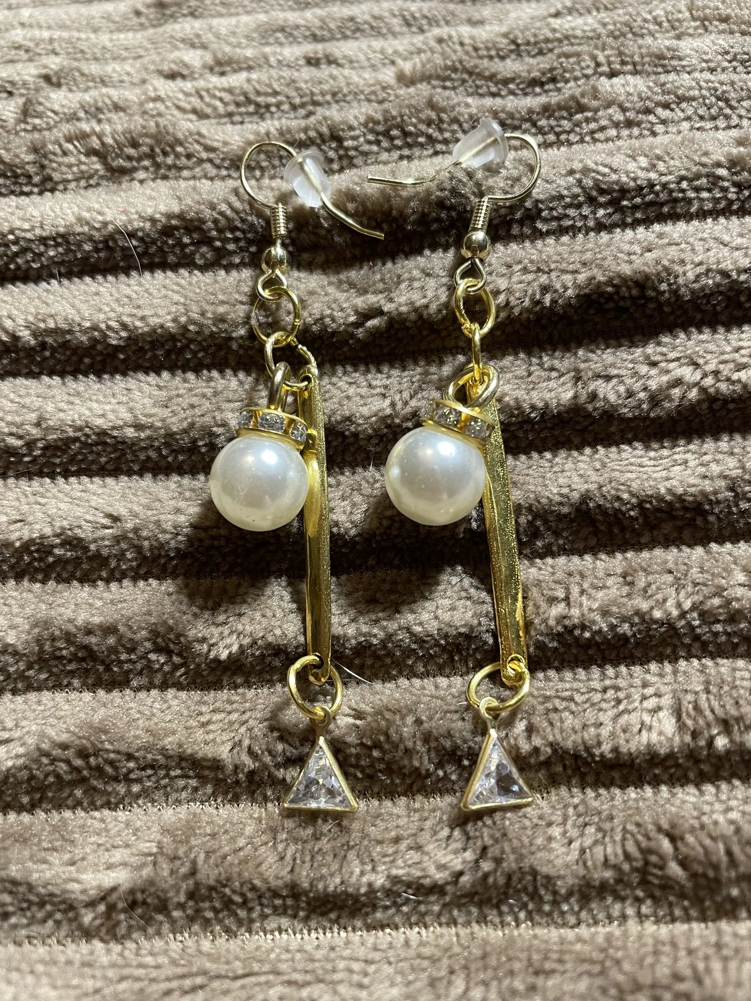 Earrings, Long Golden  w/Large Pearl Charm & Triangular Gem