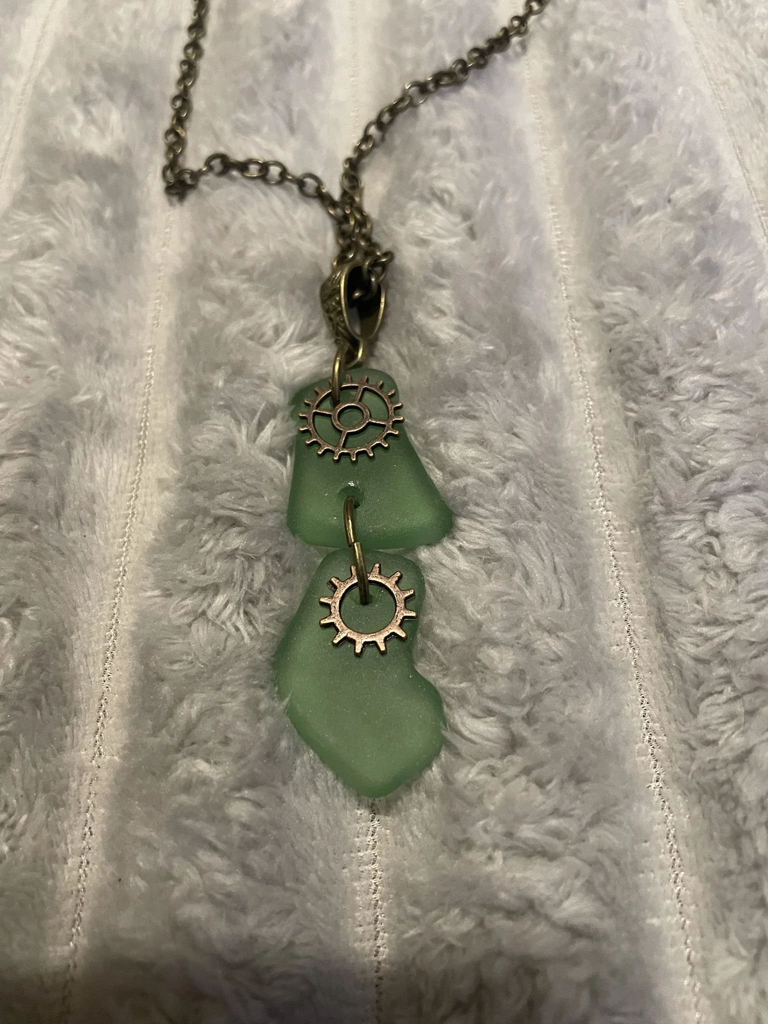 Necklace, Handcrafted, Green Sea Glass 2-tier w/25" bronze chain and steam punk charms