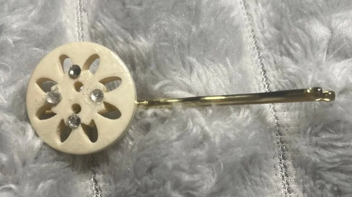 Bobby Pin, White Wooden Button w/4 Rhinestones, 2.5" Long