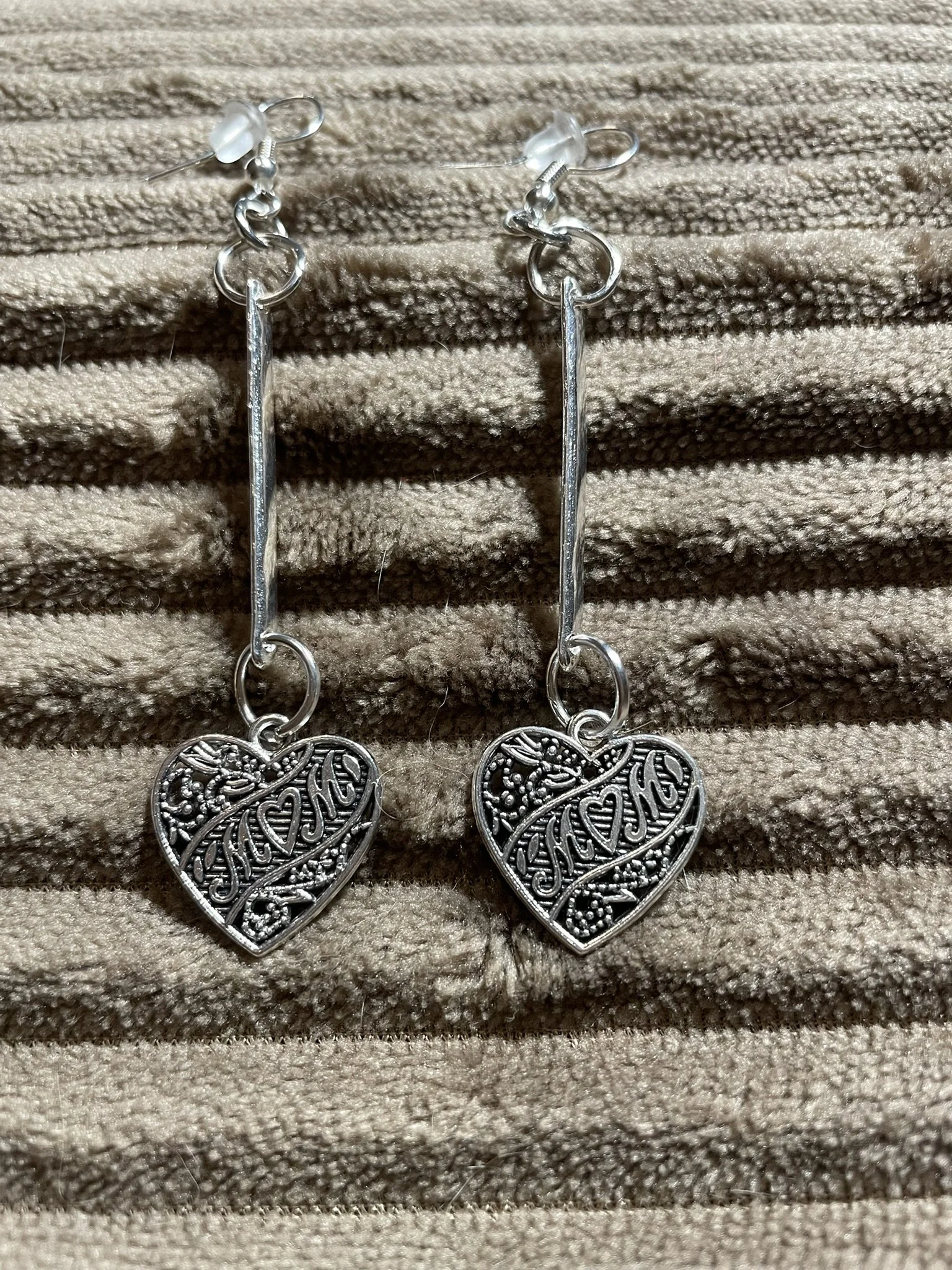 Earrings, Long Metal "Mom" Heart Charms