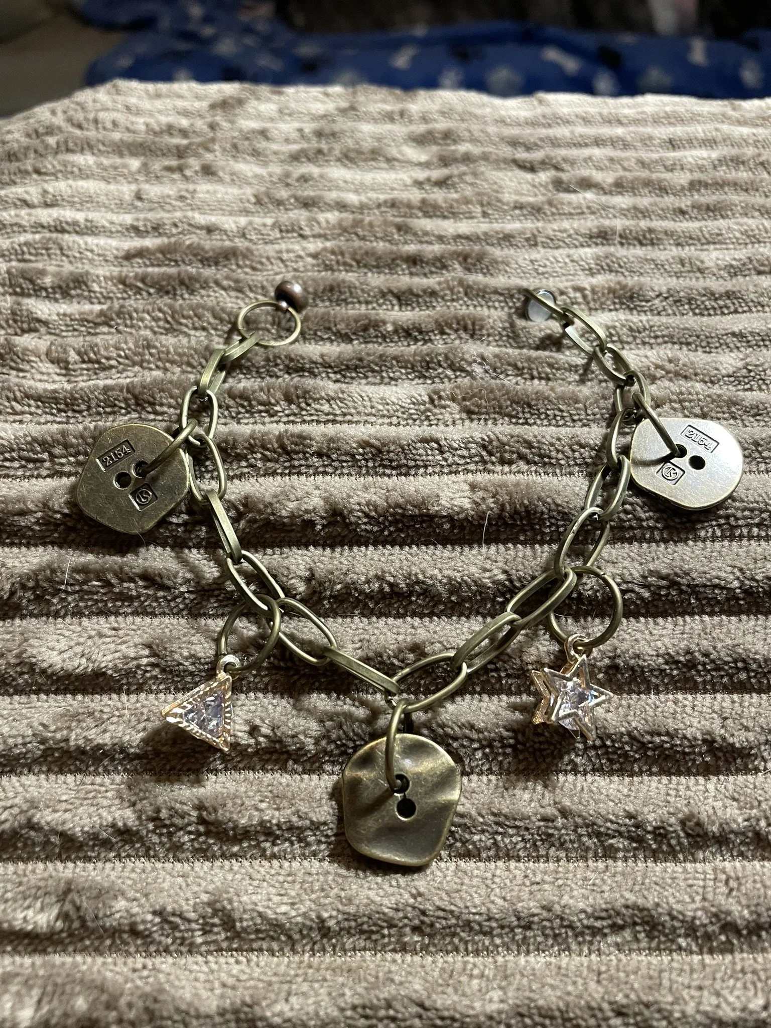 Charm Bracelet, Bronze Buttons & Paperclip Chain, Star & Triangle Charms & Magnetic Clasp, 8" Long