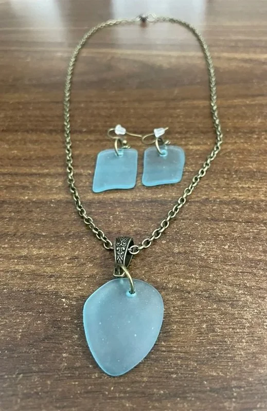 Necklace/Earrings Set, Handcrafted, Glass Blue Mason Jar