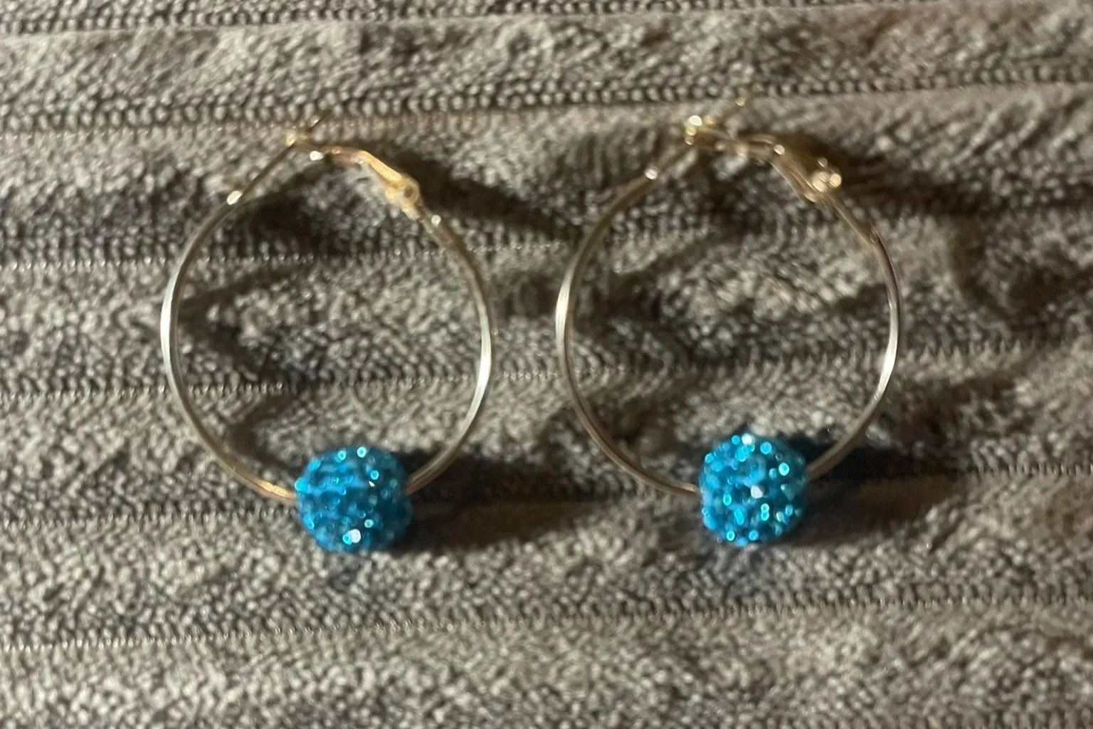 Earrings-Hoops - 30mm wide, Gold color, round aqua color rhinestone