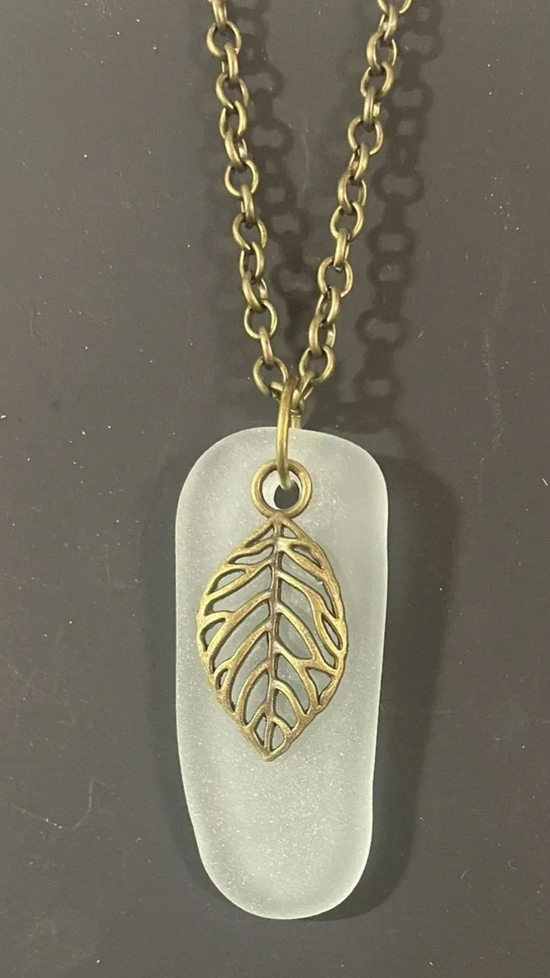 Necklace, Handcrafted, Long Rectangular White Sea Glass Pendant w/Bronze Leaf Charm