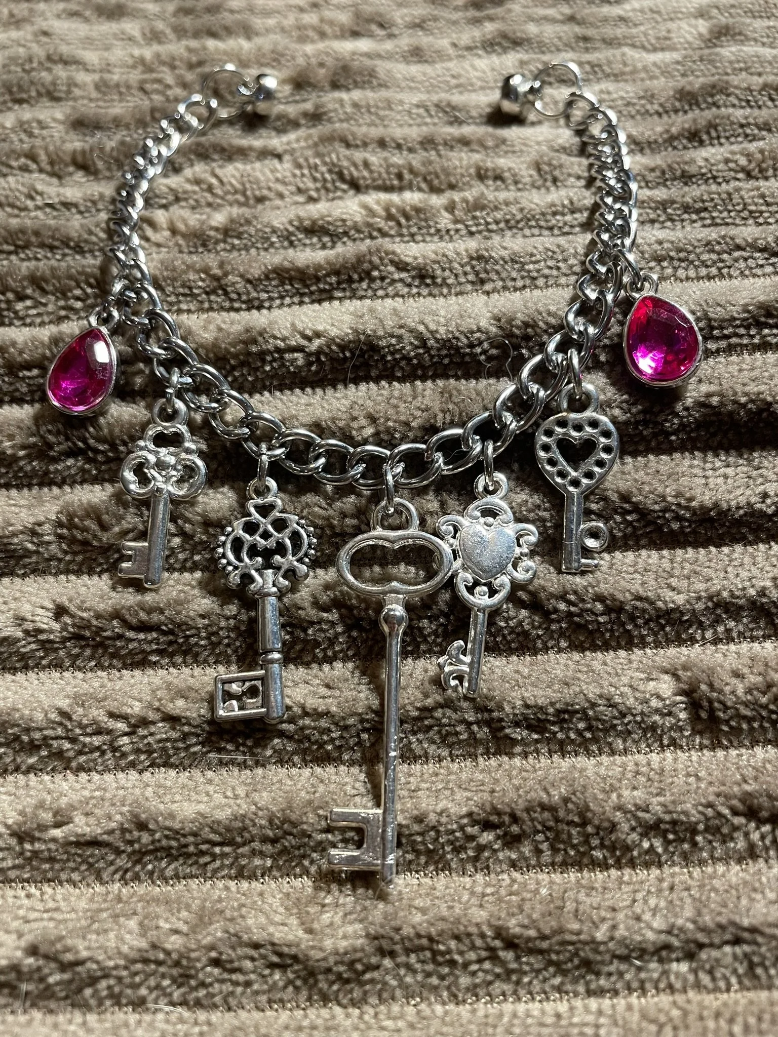 Charm Bracelet, Silvery Keys with Hot Pink Accents, Magnetic Clasp