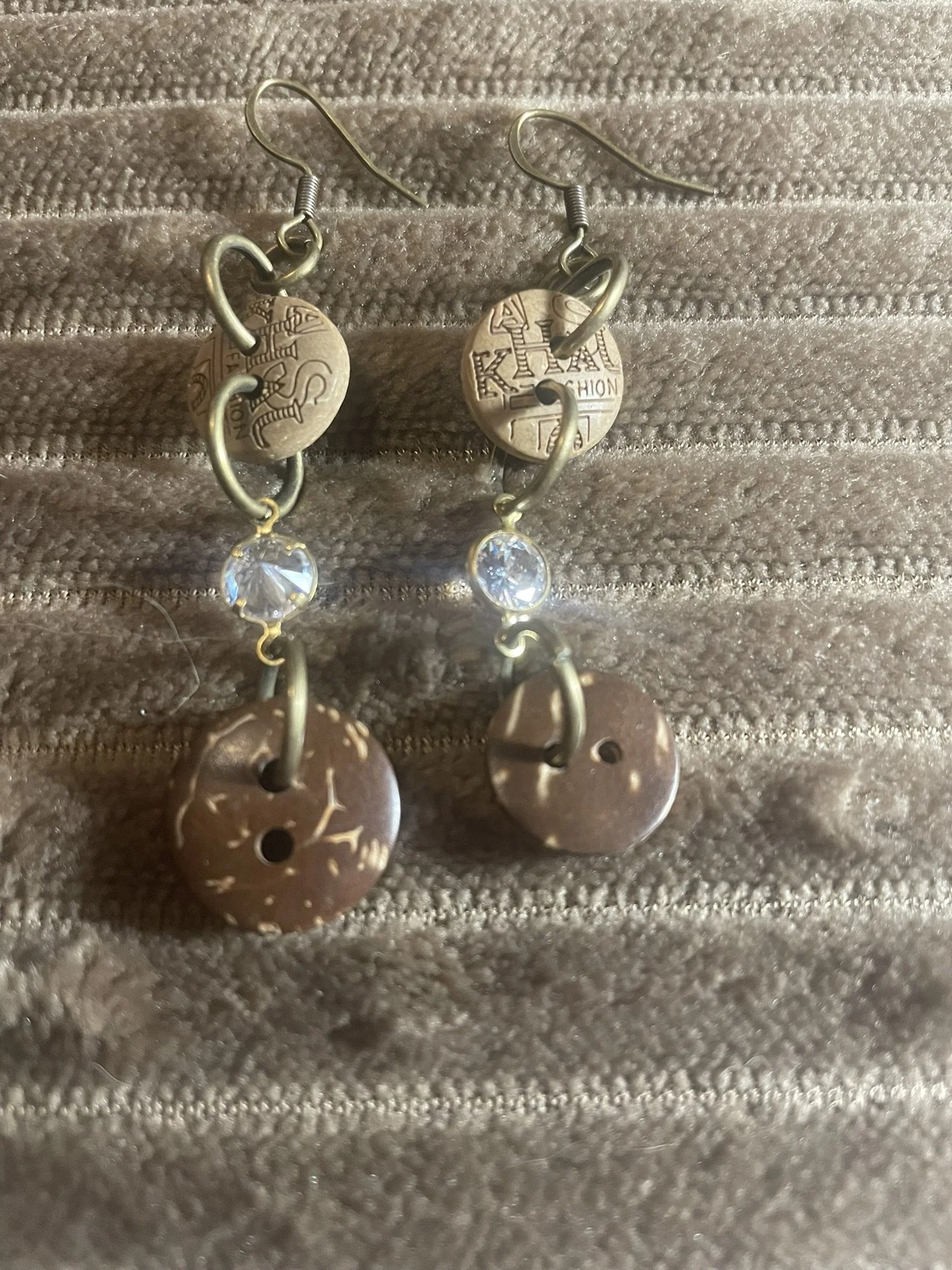 Earrings, Coconut Shell Buttons & Rhinestone w/Bronze Hardware
