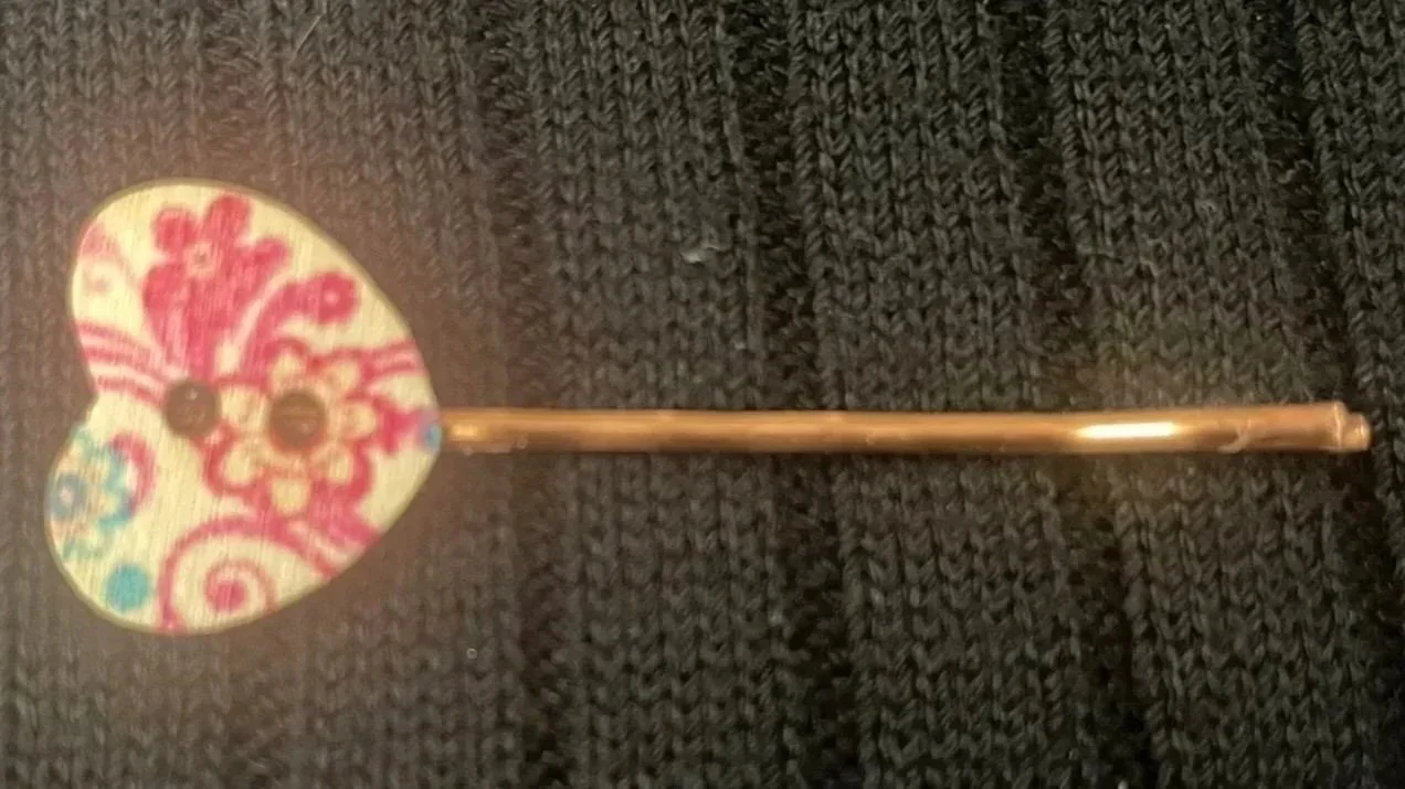 Bobby Pin, Multi-Colored Heart Button, 2.5" Long