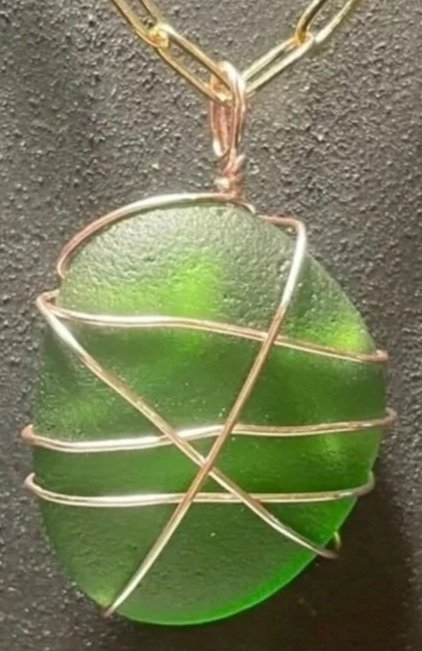 Necklace, Handcrafted, Wire-Wrapped Green Sea Glass Pendant
