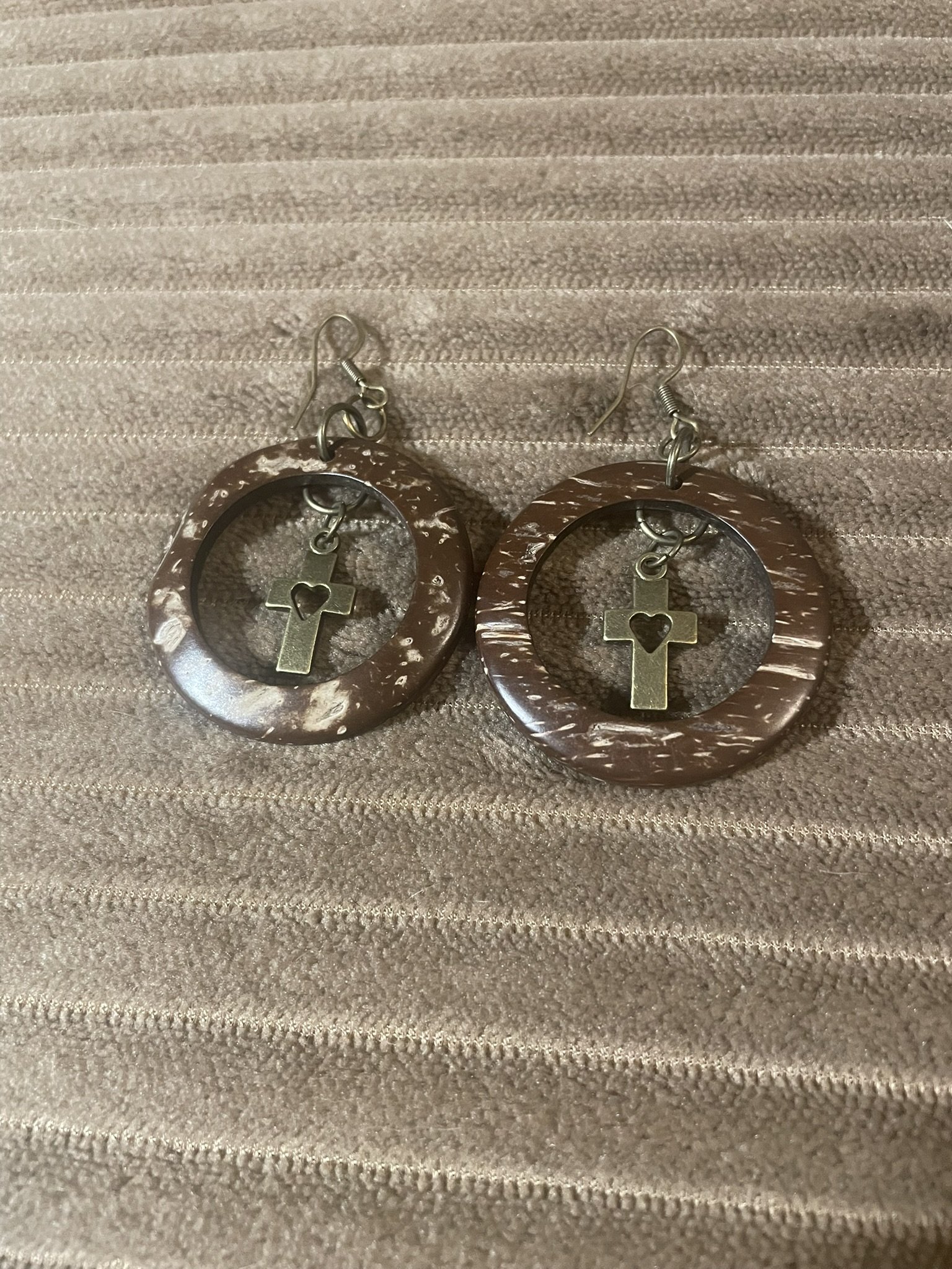 Earrings, Coconut Shell & Bronze Crosses