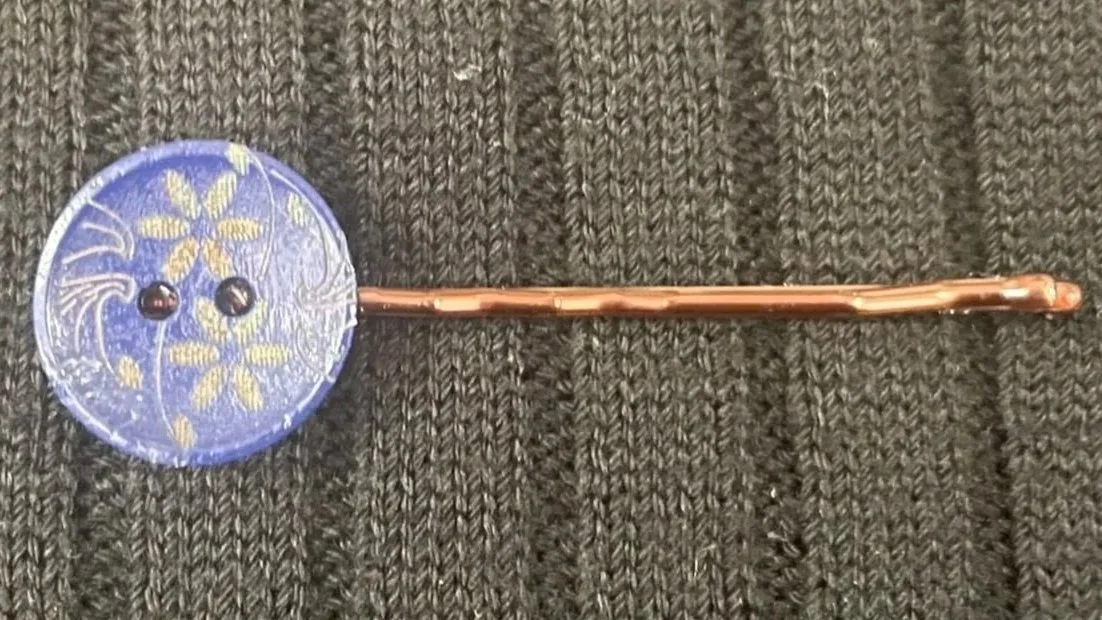 Bobby Pin, Blue Flower Button 2.5" Long