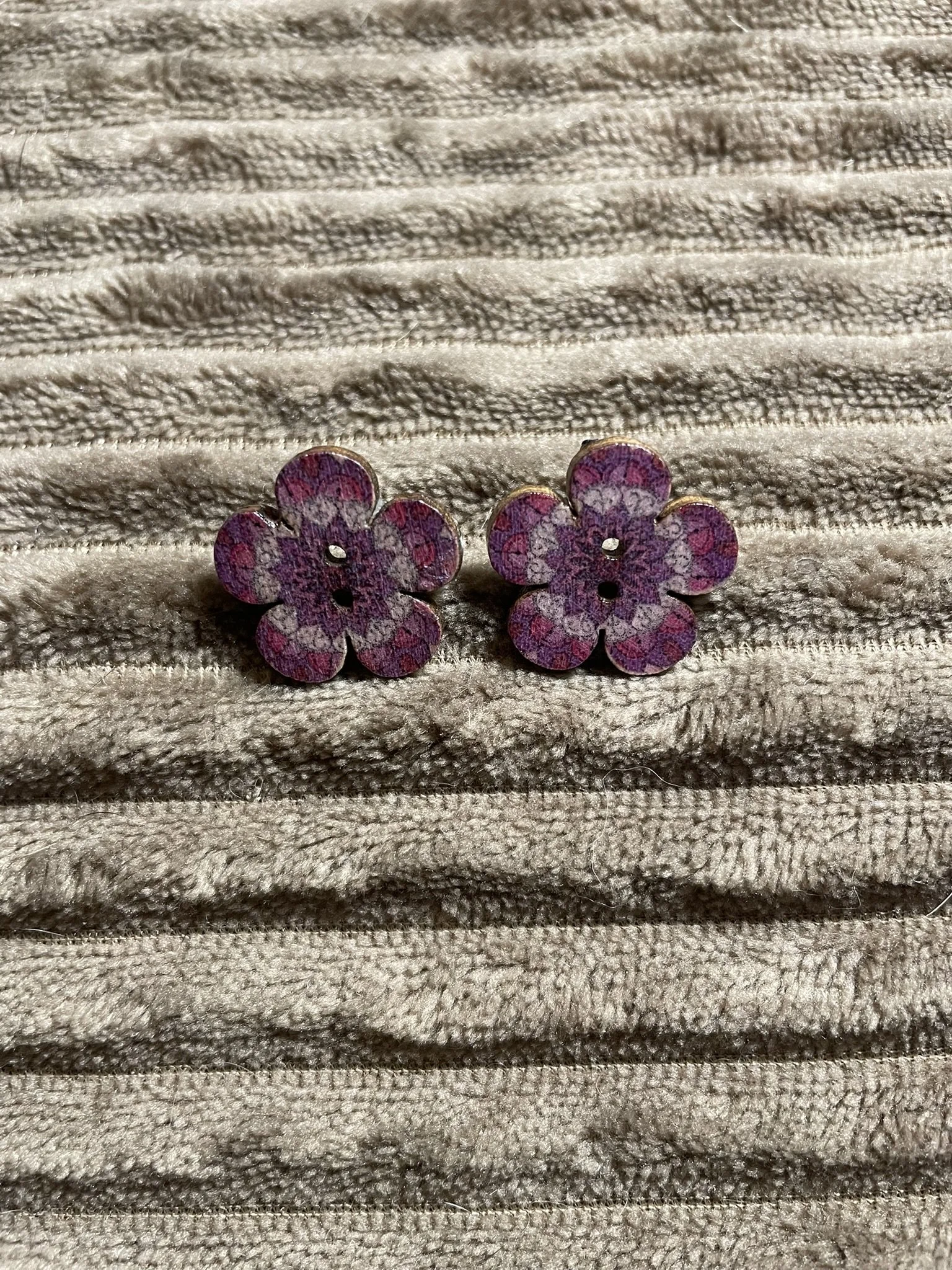 Earrings, Flowery Wooden Button Posts
