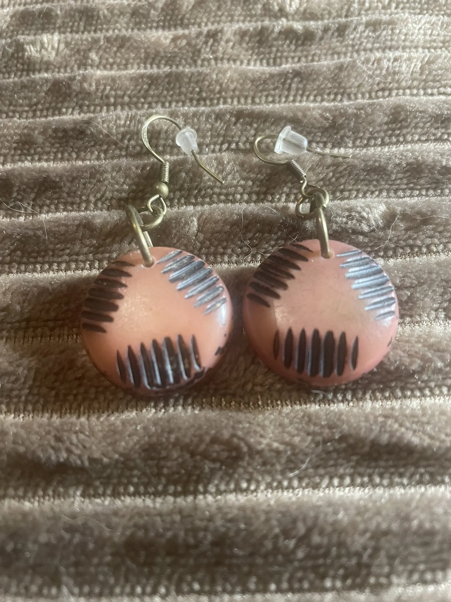 Earrings, Vintage Buttons, Lt. Brown w/Black Marks, Bronze Hardware