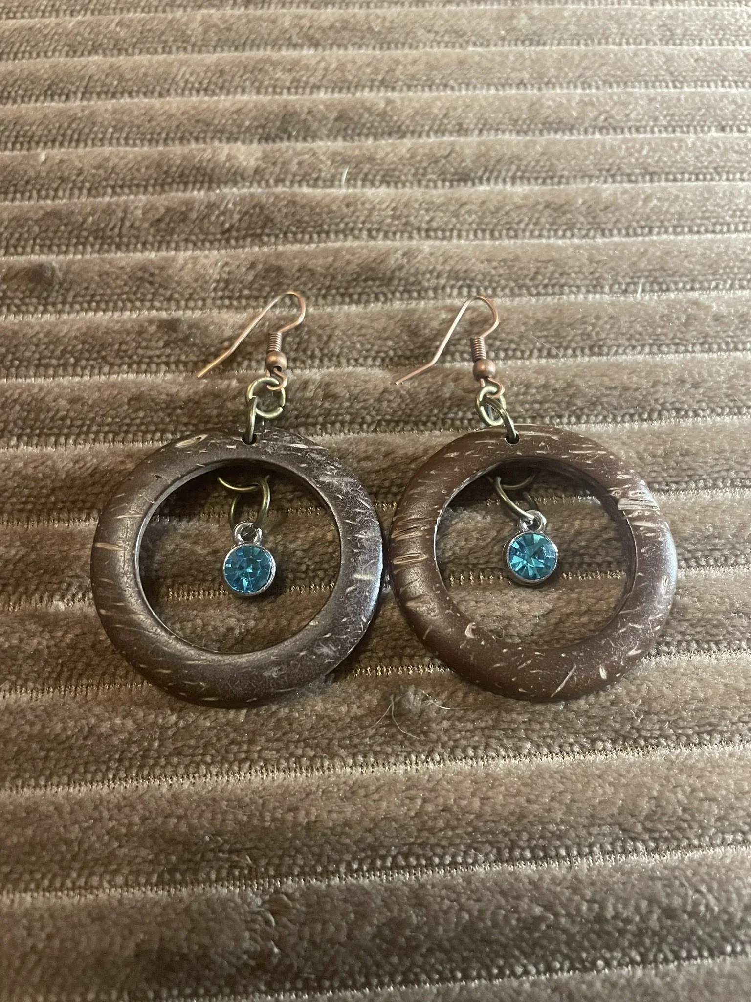 Earrings, Coconut Shell, Turquoise Charm, Bronze Color Hardware