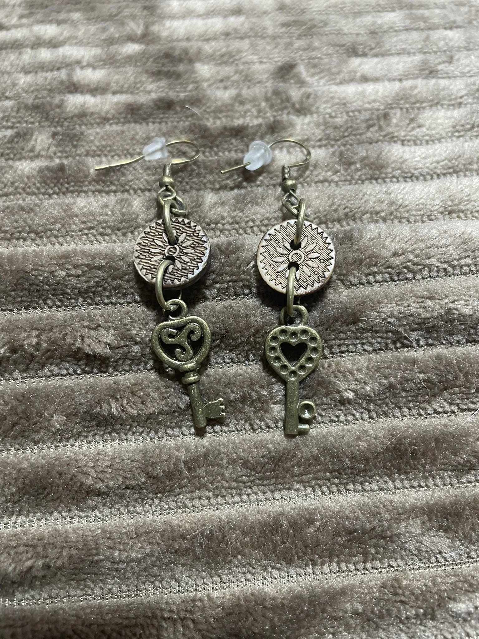 Earrings, Coconut Shell Buttons w/Antique Keys