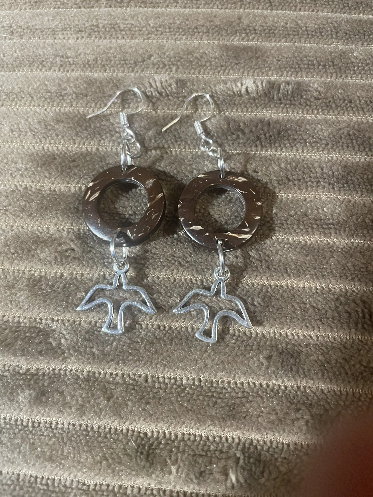 Earrings, Coconut Shell, Silver Color Dove & Hardware