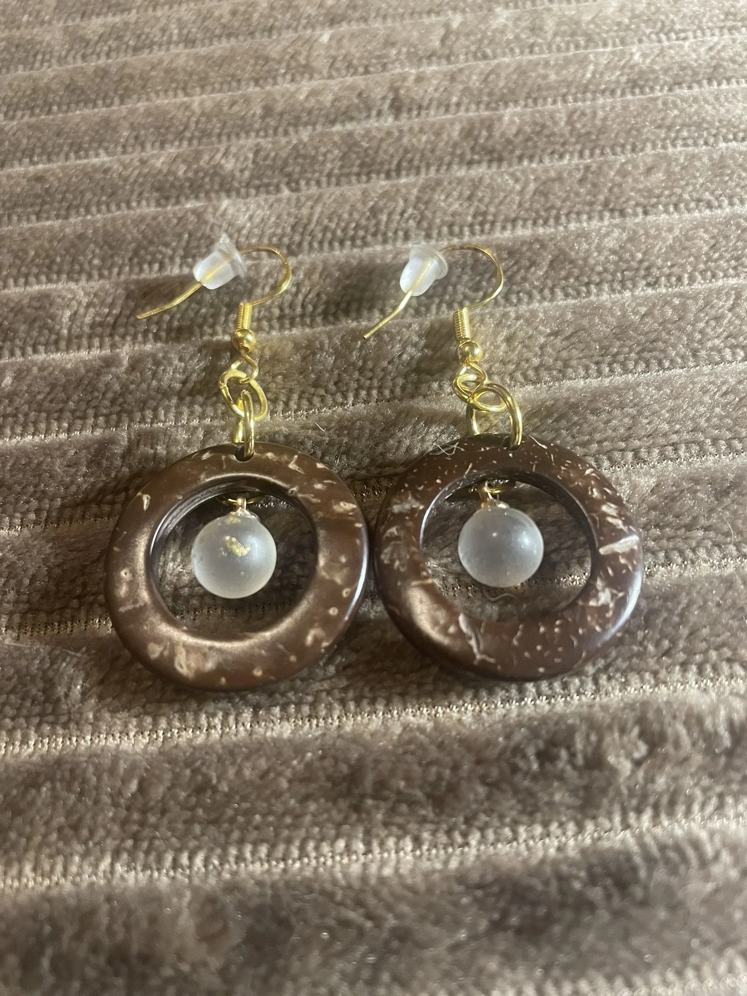 Earrings, Coconut Shell w/clear glass ball, Gold Color Hardwar