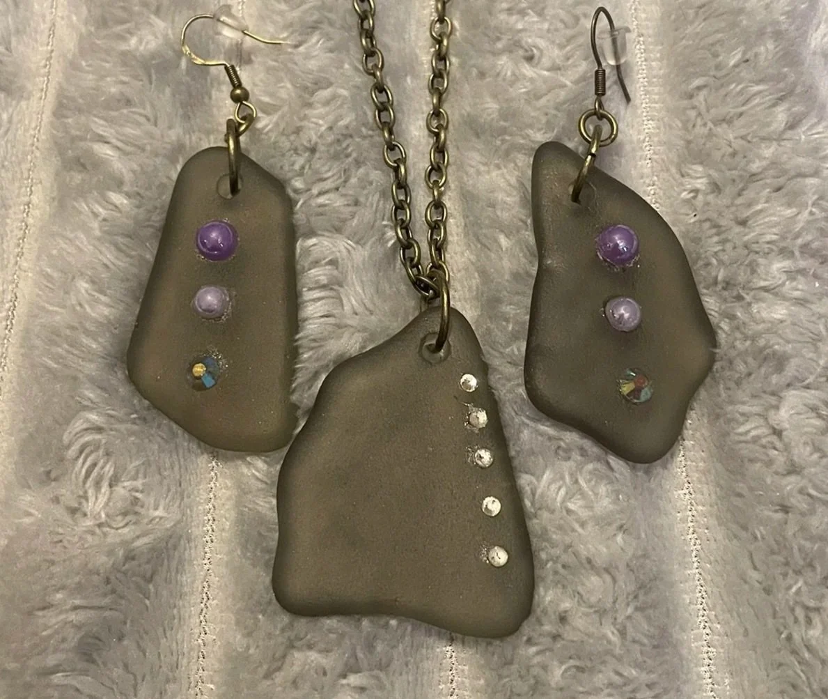 Necklace/Earrings Set, Handcrafted, Brown Sea Glass w/Rhinestones & Beads