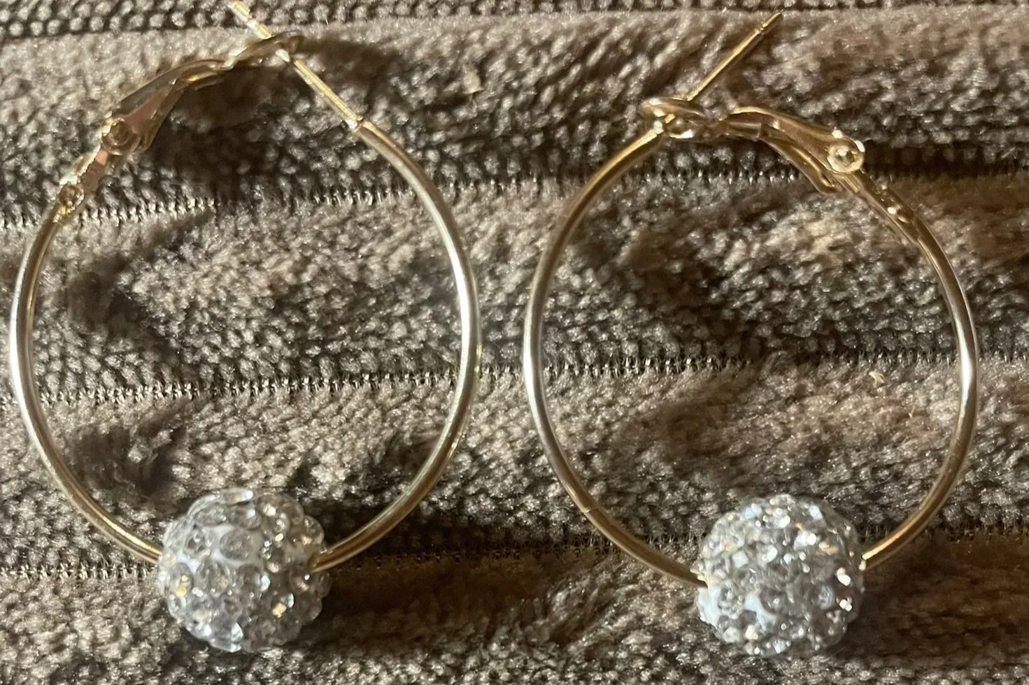 Earrings-Hoops - 30mm wide, Gold color, round clear color rhinestone