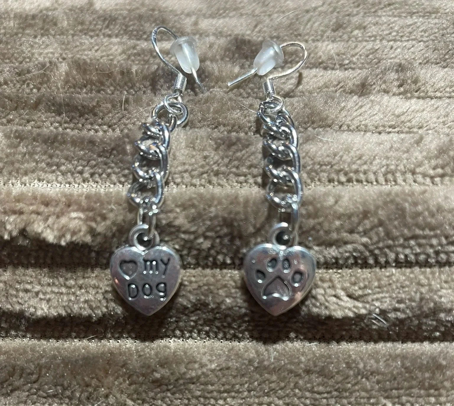 Earrings, Silvery "Love My Dog" & Paw Print Heart Charms