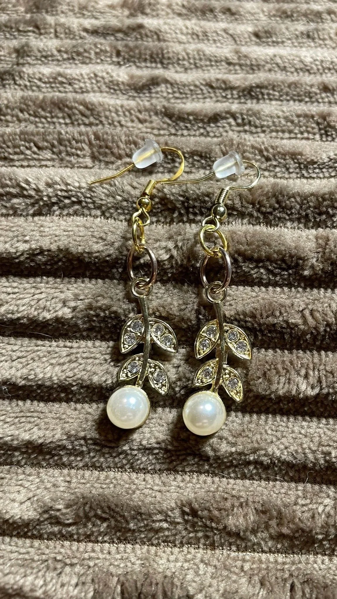 Earrings, Golden Leaves w/White Round Charm