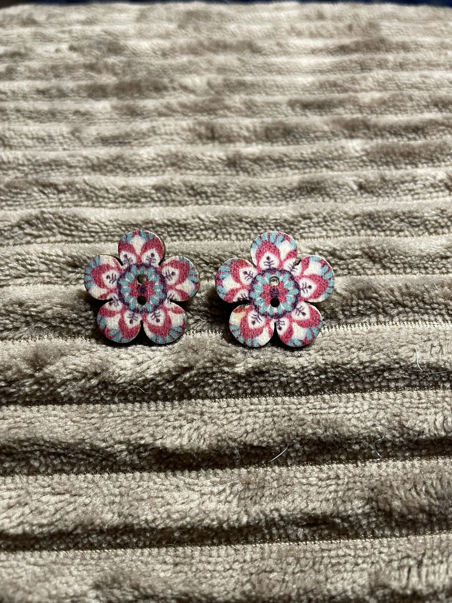 Earrings, Flowery Wooden Button Posts