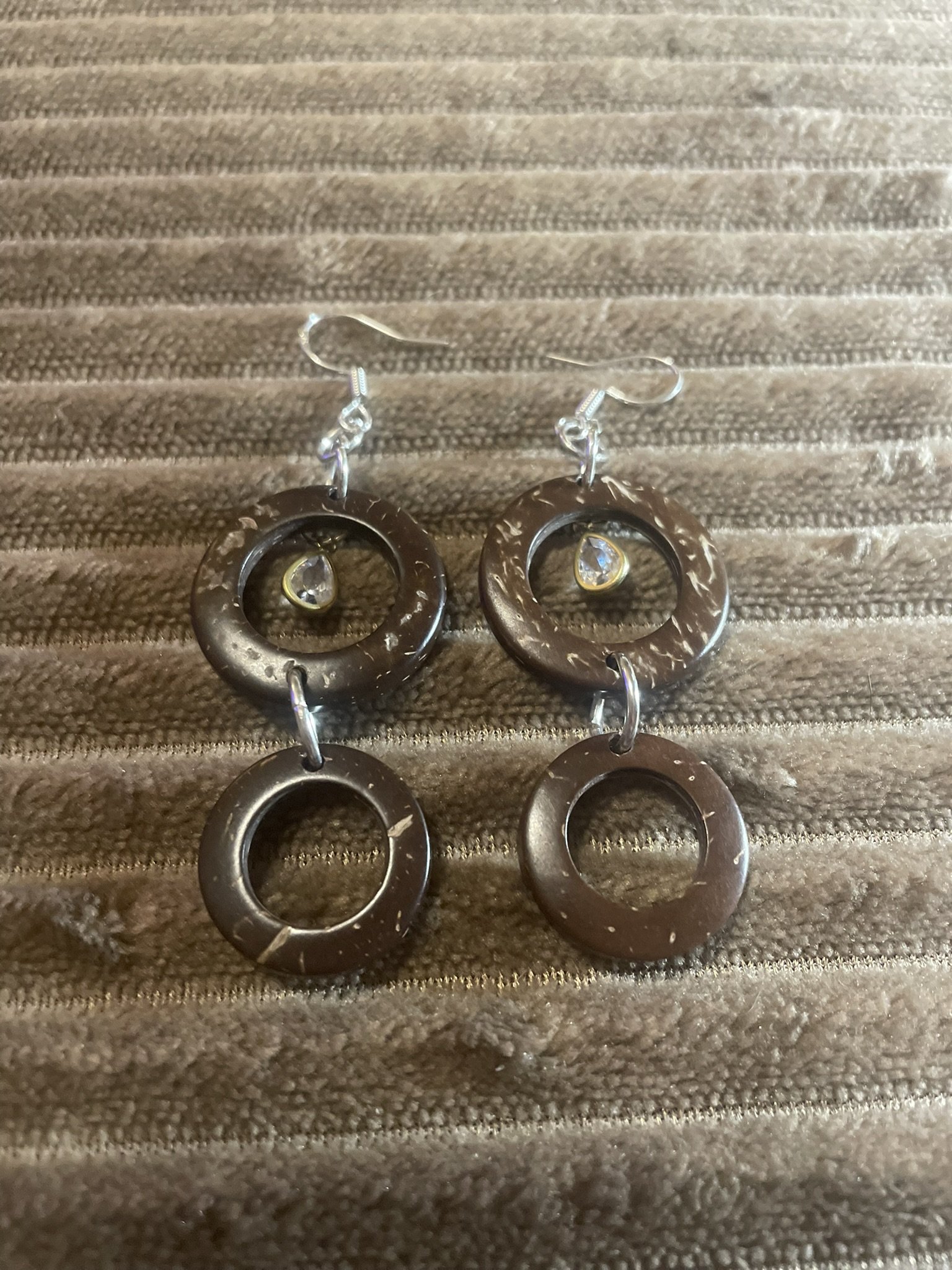 Earrings, 2-Tier Coconut Shell w/Rhinestone Charms & Silver Color Hardware