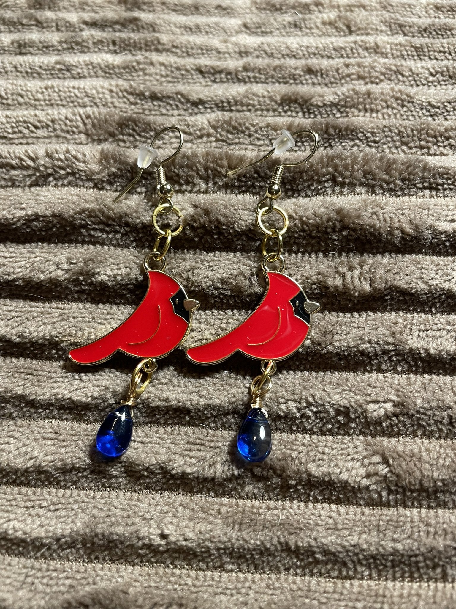 Earrings, Red Cardinals w/Blue Charms