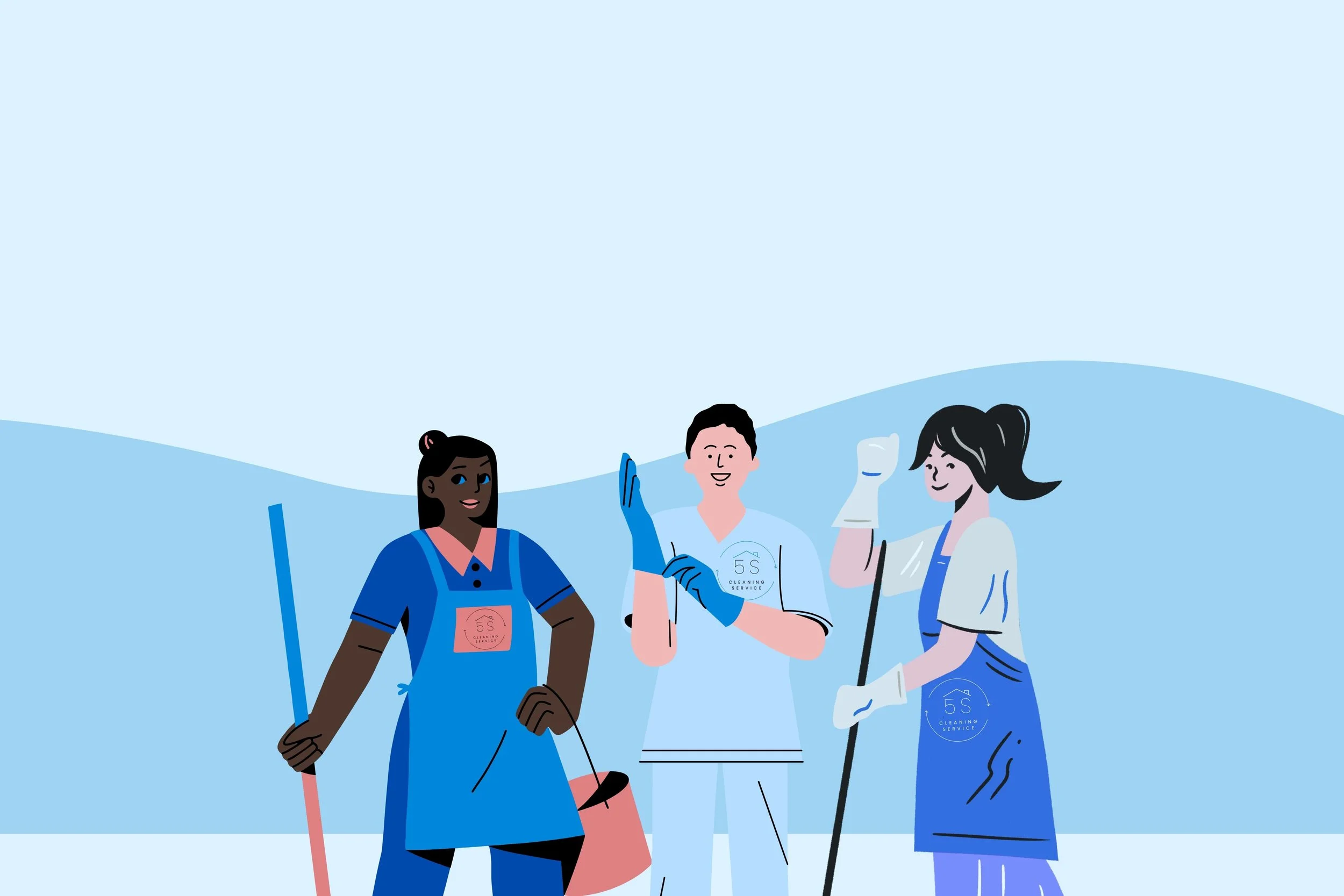 Illustration of three diverse cleaning staff in uniforms, smiling and waving, standing outdoors against a light blue sky and landscape background.