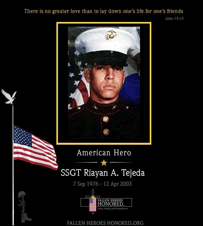 Memorial tribute for Sergeant Rayan A. Tejeda, an American hero who served in the military. The image features his photo in uniform, his name, birth and death dates, and a quote from John 15:13 about love and sacrifice. The background includes an American flag, a white dove, and a black background with patriotic and respectful elements.
