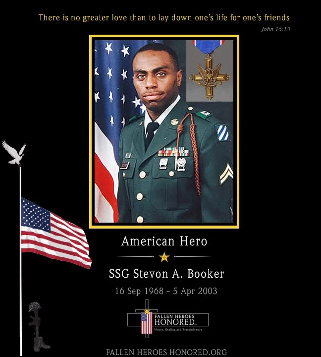 Memorial tribute for SSG Stevon A. Booker, an American hero who served in the military and passed away on April 5, 2003. The image features his portrait, an American flag, and various patriotic symbols, with a quote from John 15:13 at the top.