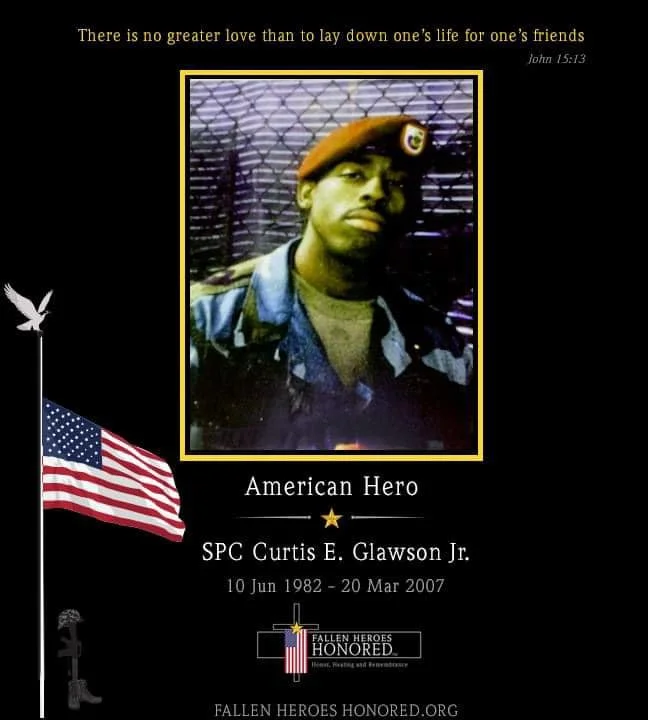 A memorial poster honoring SPC Curtis E. Glawson Jr., an American hero who served and died in service. The poster features a photo of the soldier, a quote from the Bible, and symbols including an American flag and a fallen heroes cross.