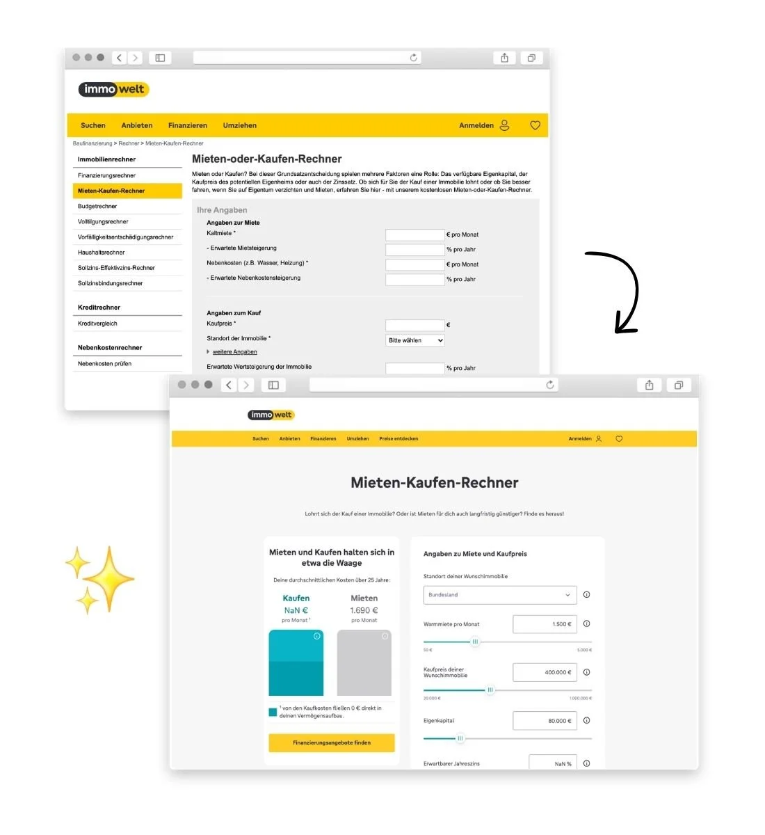Vergleich zwischen altem und neuem UX Design eines Immobilien Rechners