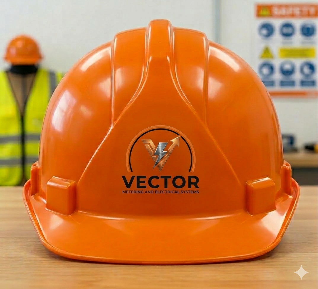Orange safety helmet with LOGO and text 'VECTOR Metering and Electrical Systems' on the front, with blurred construction worker and safety posters in the background.