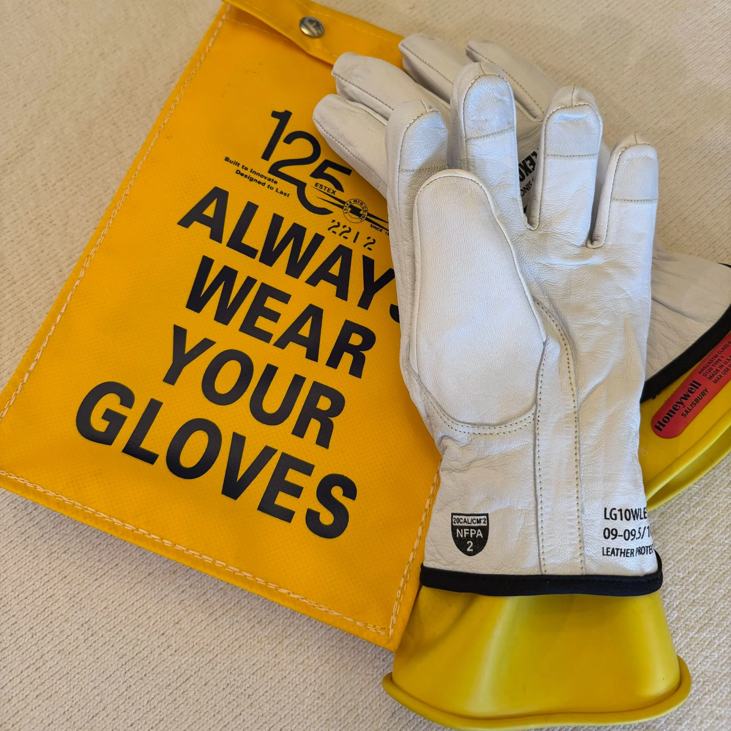 A pair of white gloves resting on a yellow safety vest with black text, alongside a yellow safety helmet and a red emergency stop device.