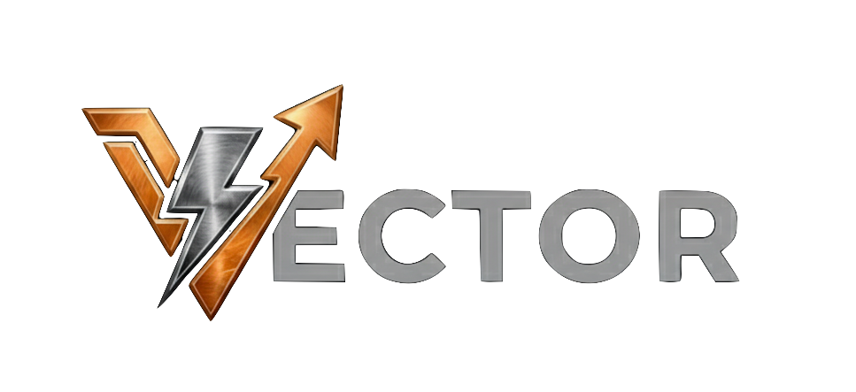 A logo with a lightning bolt, upward arrow, and the word 'VECTOR' in metallic letters.