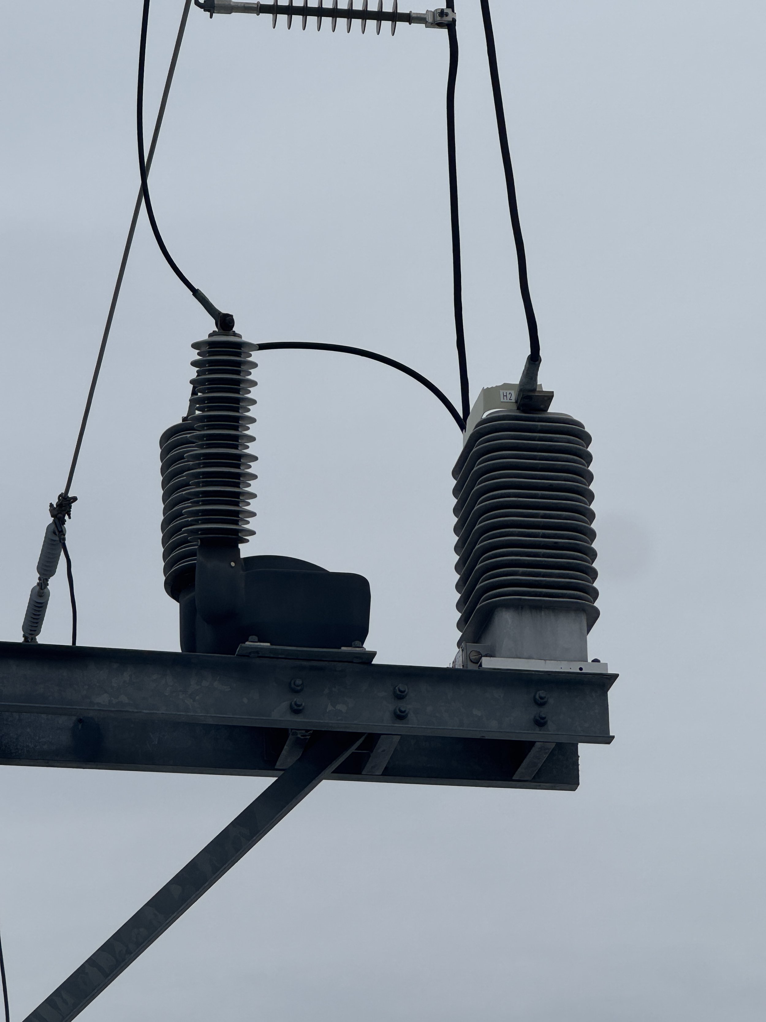Close-up of electrical utility equipment on a pole, including insulators and wires, with an overcast sky in the background.