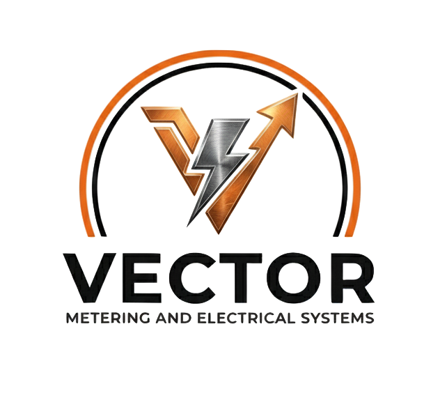 Logo for Vector Metering and Electrical Systems featuring a lightning bolt, upward arrow, and downward arrow inside a semi-circular arc.