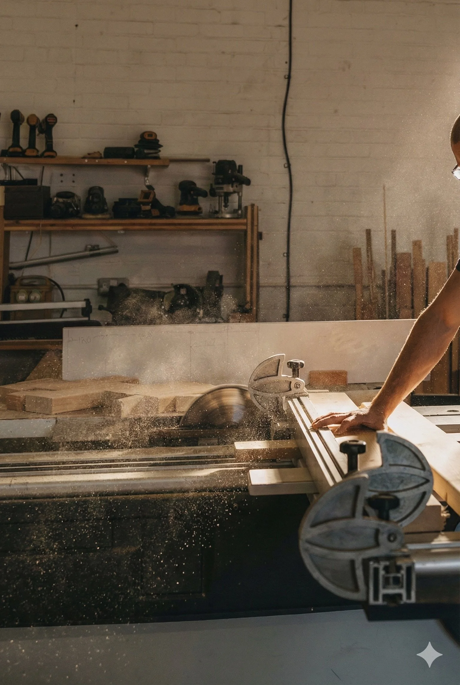 Person using a table saw to cut wood in a woodworking shop, sawdust flying, with tools on shelves and wood pieces in the background.
