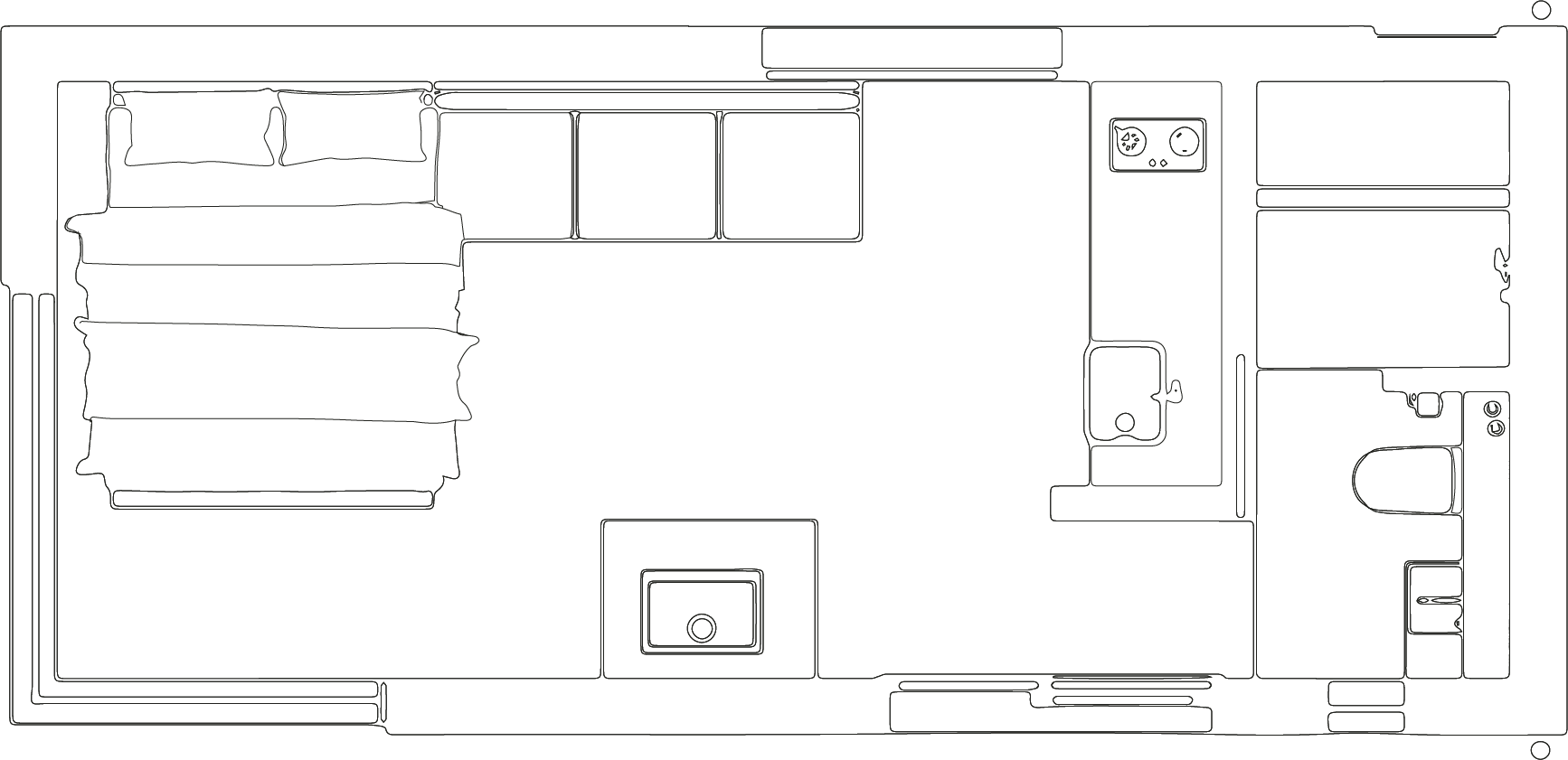 Outline of a room including a bed with pillows, a sofa, a dining table with chairs, a kitchen counter with a stove, a sink, and a toilet, depicted in a line drawing style.